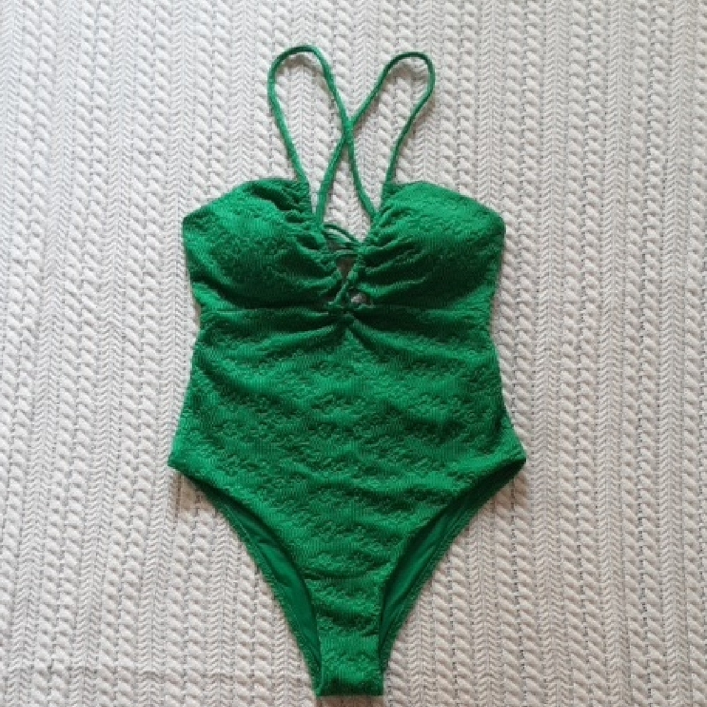 Green Textured Cross Back One-Piece Swimsuit